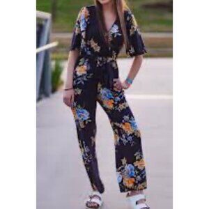 Band of Gypsies Blue Floral Short Sleeve Jumpsuit